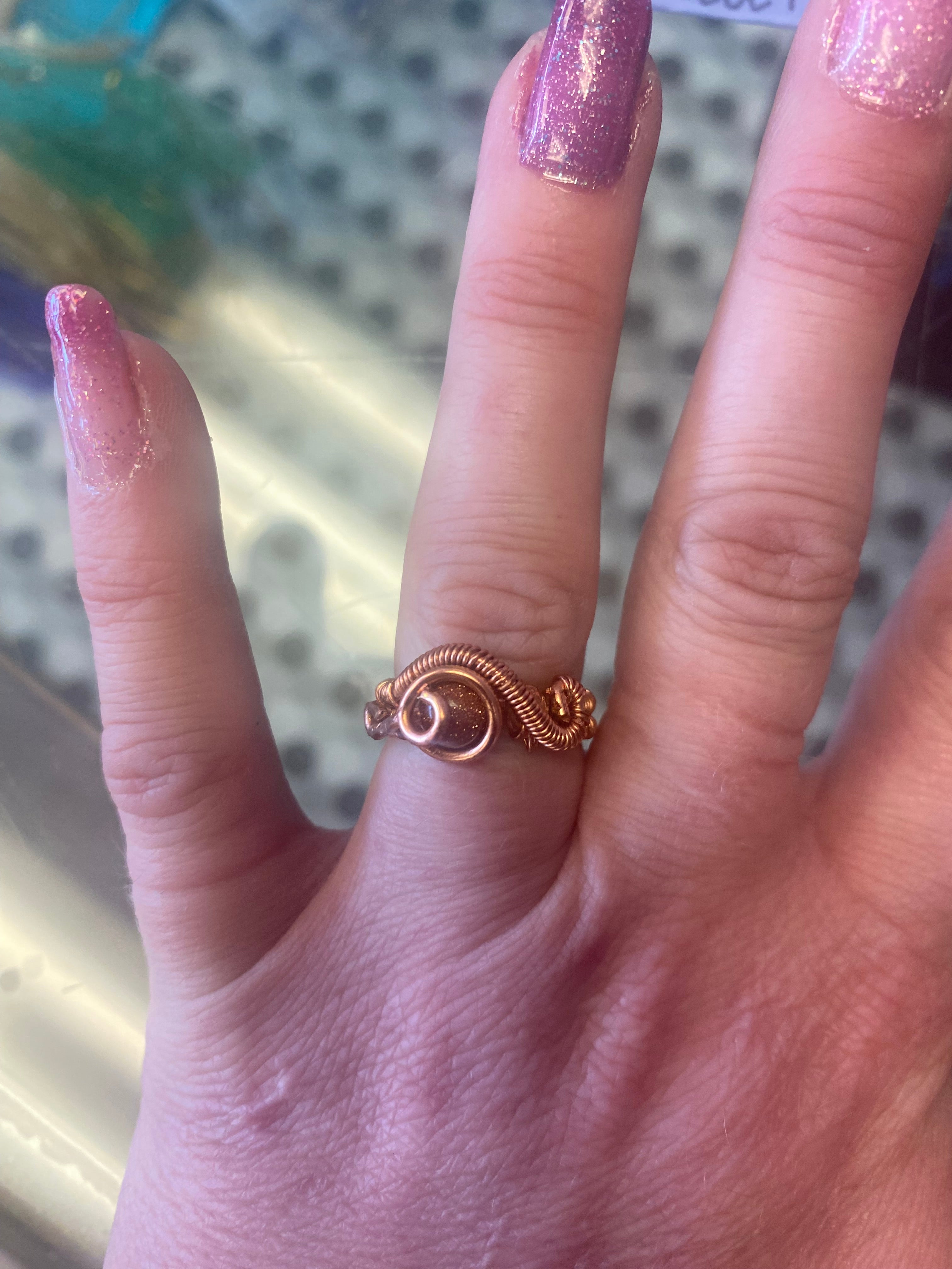 Goldstone and Copper hand wrapped ring