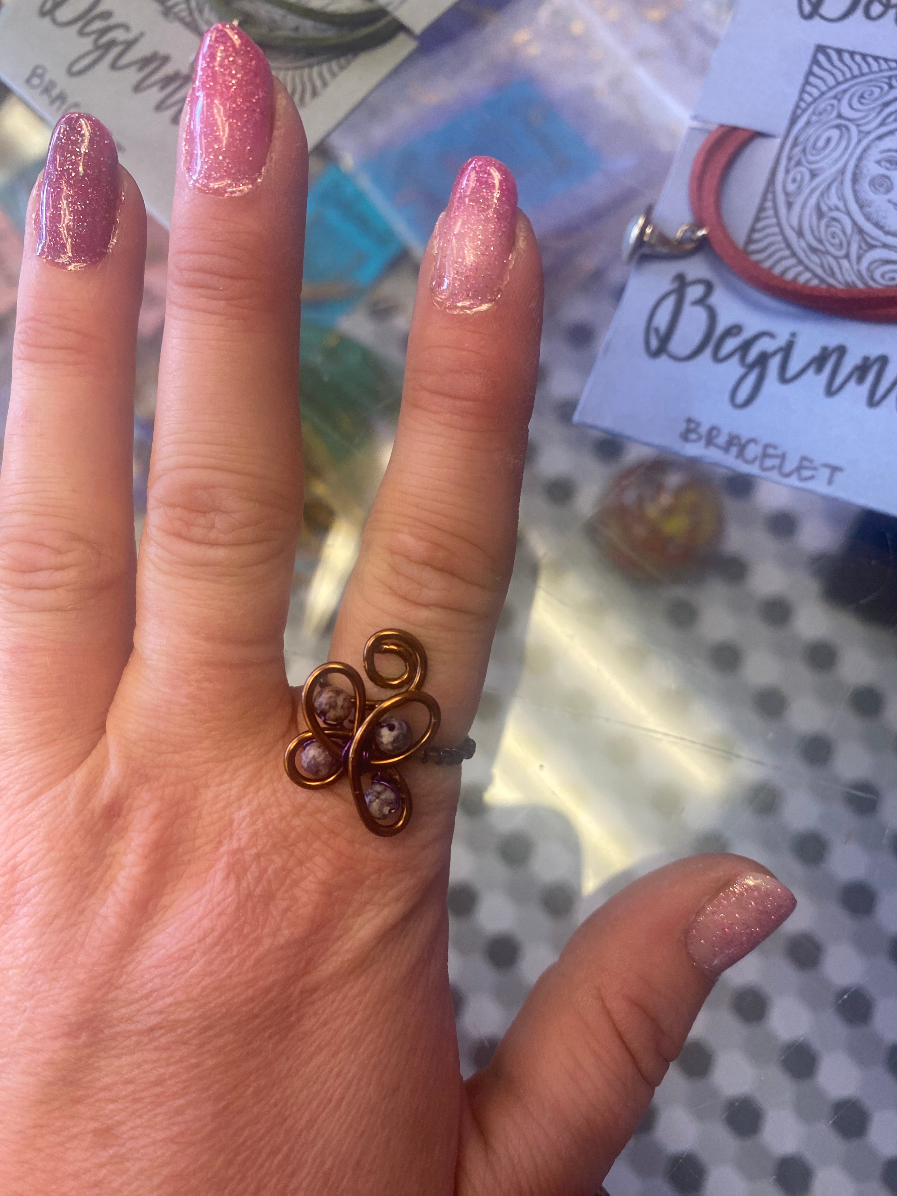 Lepidolite and Copper hand wrapped butterfly ring