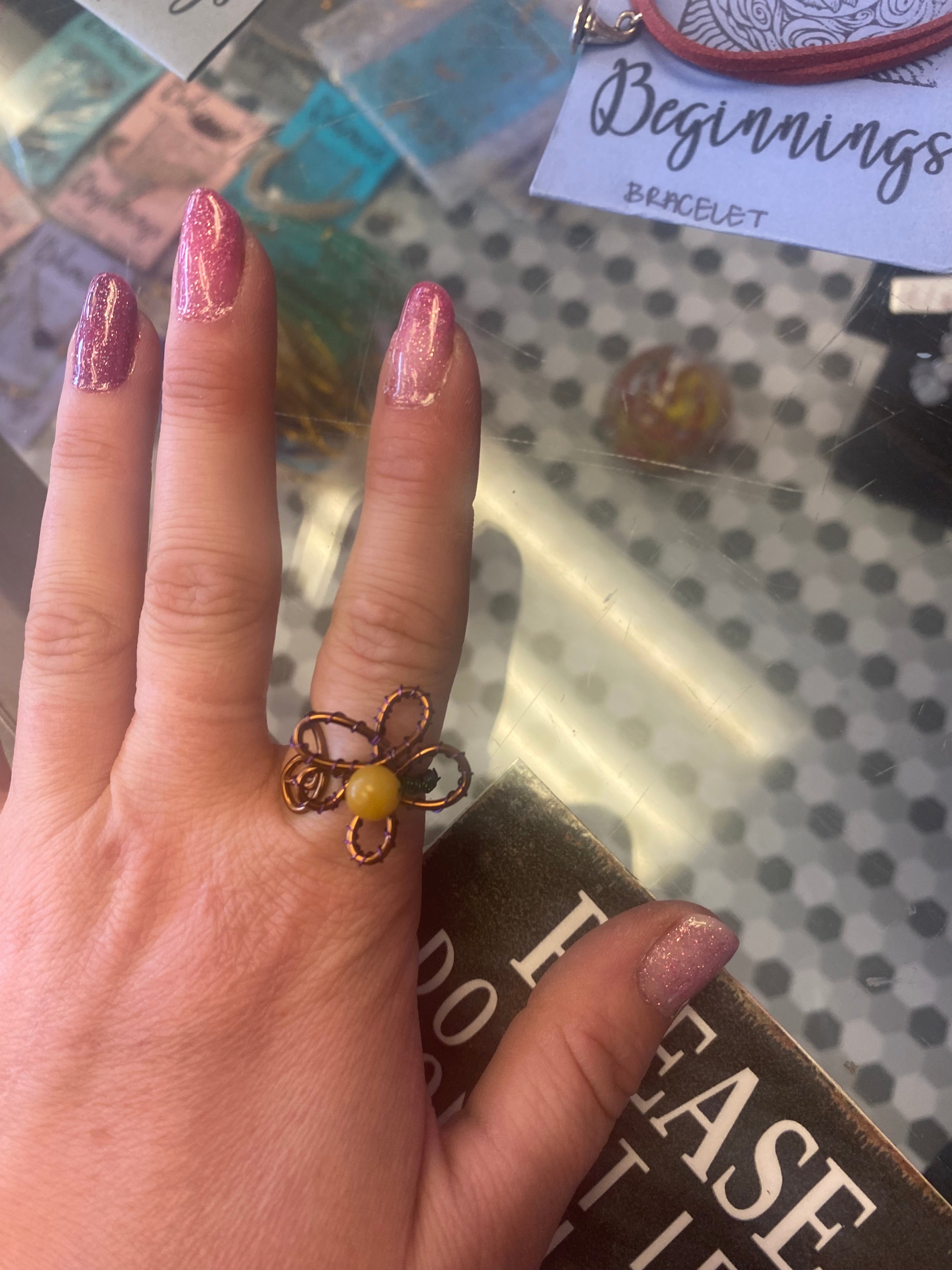 Yellow Jade and copper hand wrapped flower ring