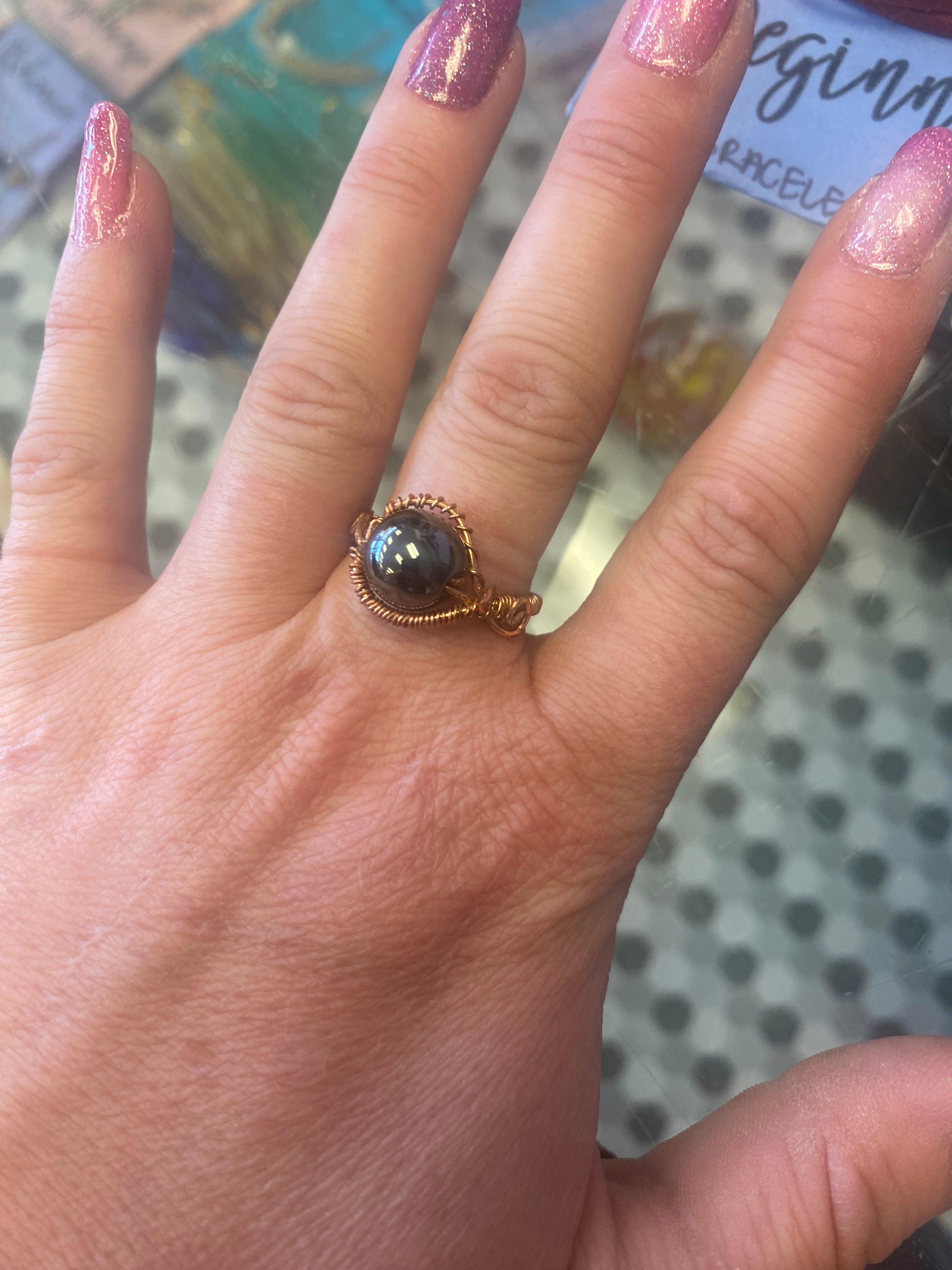 Hematite and Copper hand wrapped ring