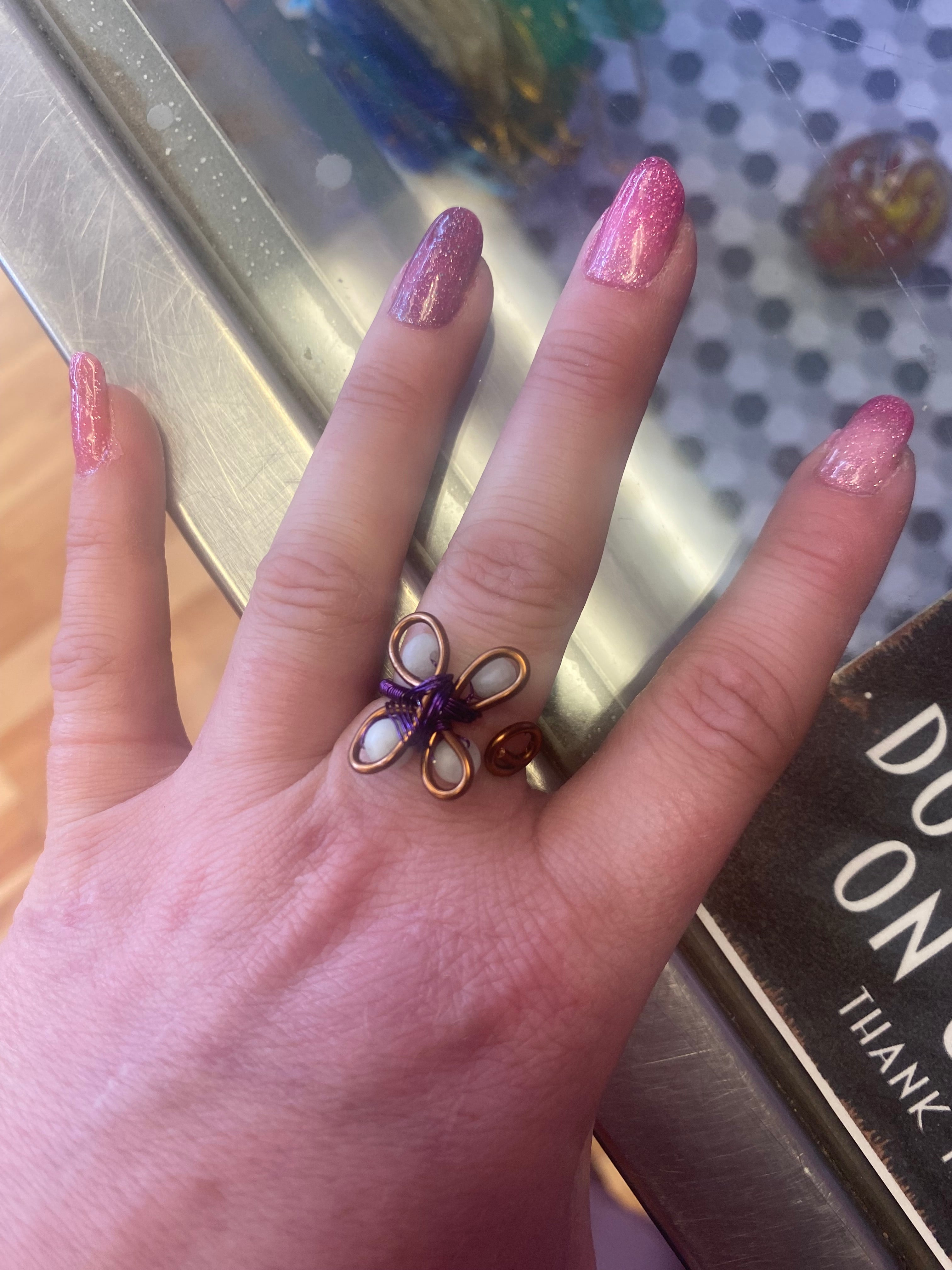 Moonstone and copper hand wrapped butterfly ring