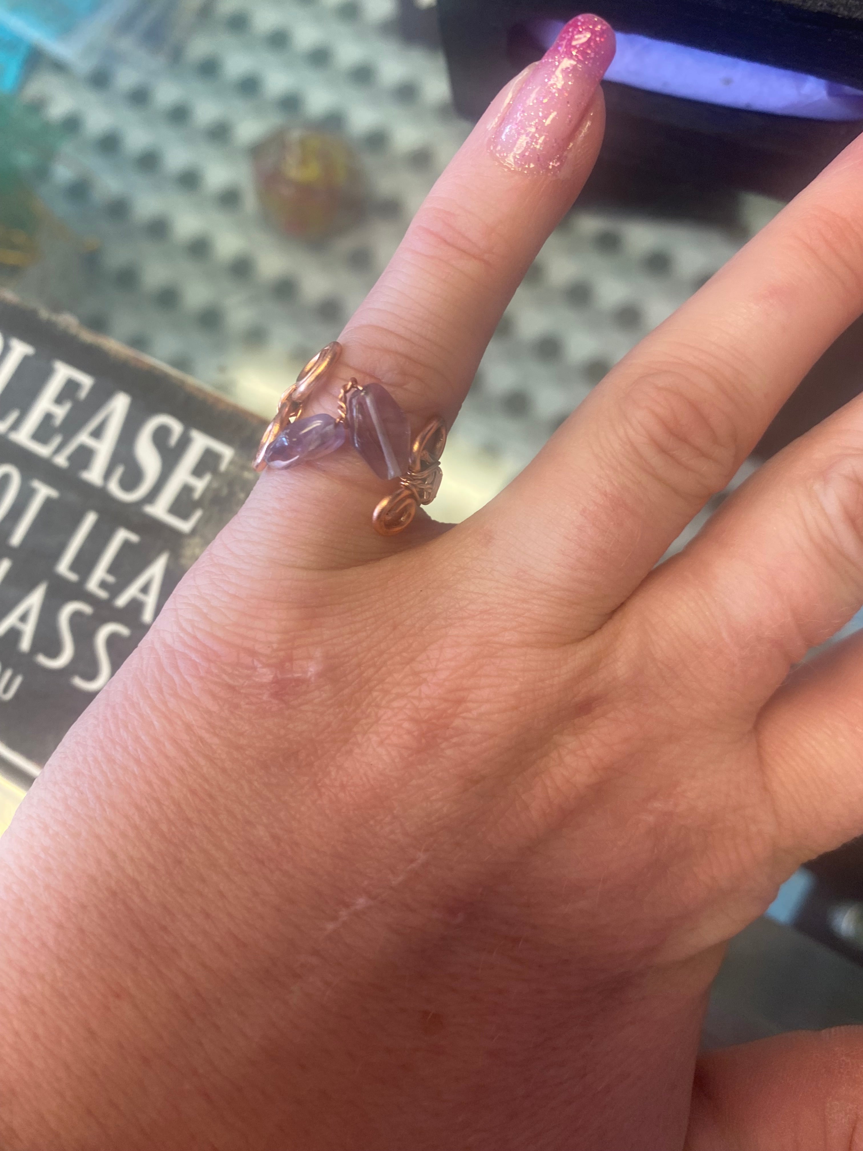Amethyst and copper hand wrapped ring